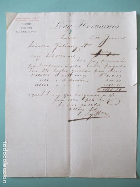 Lettres commerciales: CARTA COMERCIAL. LEVY HERMANOS. SUCRE POTOSI COLQUECHACA. SUCRE 1895. GUTIERREZ HERMANOS