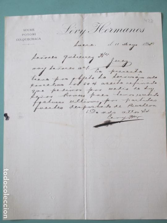Cartas comerciales: CARTA COMERCIAL. LEVY HERMANOS. SUCRE POTOSI COLQUECHACA. SUCRE 1895. GUTIERREZ HERMANOS