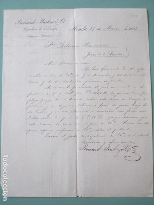 Cartas comerciales: CARTA COMERCIAL. BERNARDO MARTINEZ Y CIA. REPUBLICA DE COLUMBIA. HONDA 1892. GUTIERREZ HERMANOS