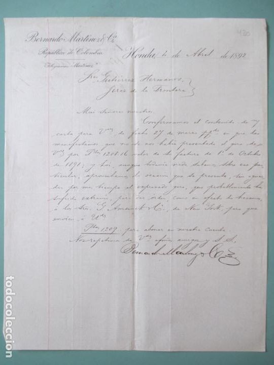 Cartas comerciales: CARTA COMERCIAL. BERNARDO MARTINEZ Y CIA. REPUBLICA DE COLUMBIA. HONDA 1892. GUTIERREZ HERMANOS