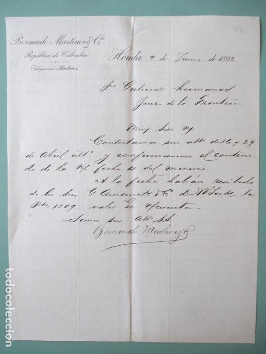 Cartas comerciales: CARTA COMERCIAL. BERNARDO MARTINEZ Y CIA. REPUBLICA DE COLUMBIA. HONDA 1892. GUTIERREZ HERMANOS