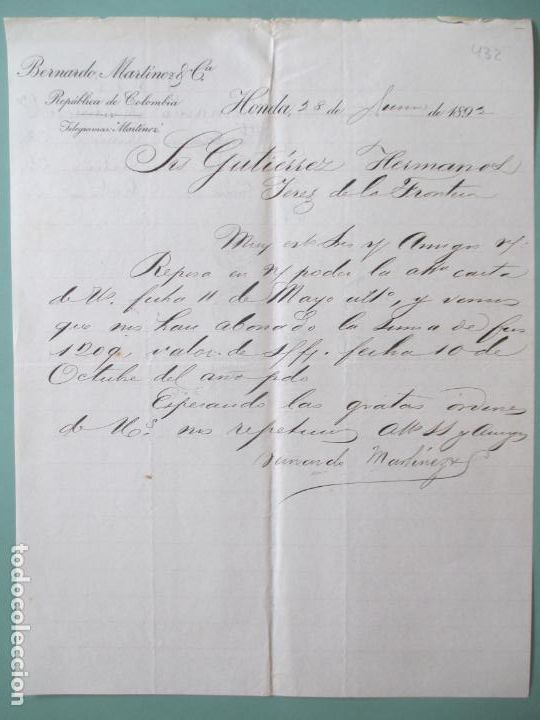 Cartas comerciales: CARTA COMERCIAL. BERNARDO MARTINEZ Y CIA. REPUBLICA DE COLUMBIA. HONDA 1892. GUTIERREZ HERMANOS