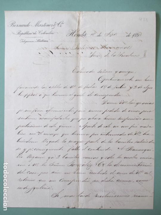 Cartas comerciales: CARTA COMERCIAL. BERNARDO MARTINEZ Y CIA. REPUBLICA DE COLUMBIA. HONDA 1892. GUTIERREZ HERMANOS