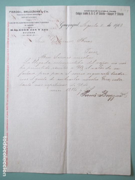 Lettres commerciales: CARTA COMERCIAL. PARODI BRUZZONE Y CIE. MEDICINAS Y PATENTES. GUAYAQUIL 1903. GUTIERREZ HERMANOS
