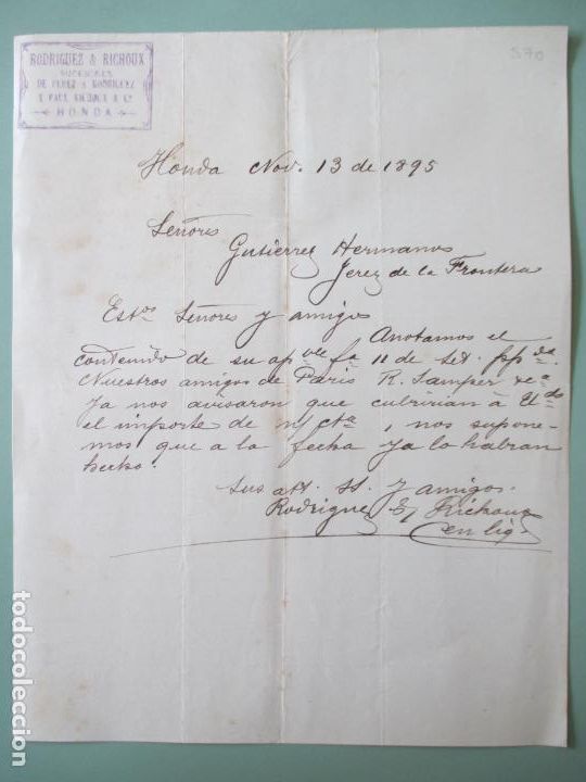 Cartas comerciales: CARTA COMERCIAL. RODRIGUEZ & RICHOUX. PEREZ RODRIGUEZ. HONDA. 1895. GUTIERREZ HERMANOS