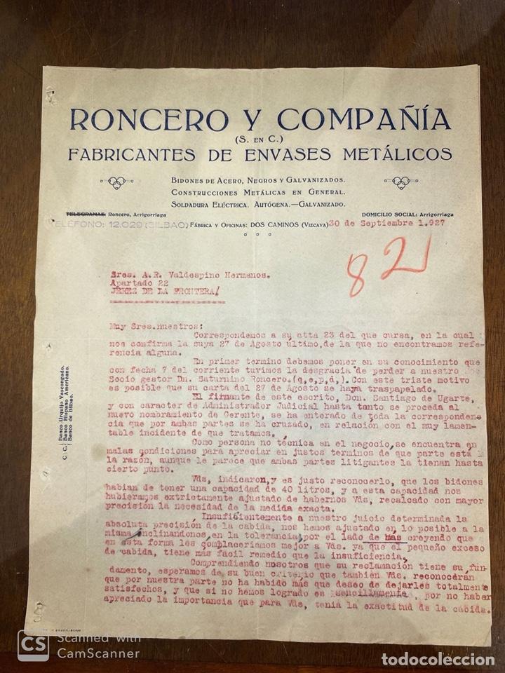 Commercial Letters: CARTA COMERCIAL. RONCERO Y COMPA&Ntilde;IA. FABRICANTE ENVASES METALICOS. VIZCAYA, 1927. VER FOTOS