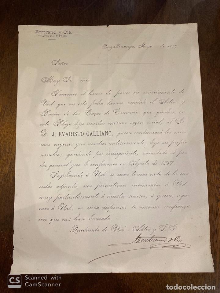 Commercial Letters: CARTA COMERCIAL. J. EVARISTO GALLIANO SUCESOR BERTRAND CIA. QUEZALTENANGO. GUATEMALA, 1889