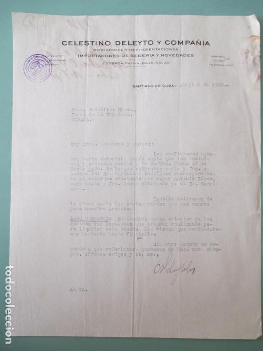 Cartas comerciales: CARTA COMERCIAL. CELESTINO DELEYTO Y COMPA&Ntilde;&Iacute;A. SANTIAGO DE CUBA 1930. GUTIERREZ HERMANOS