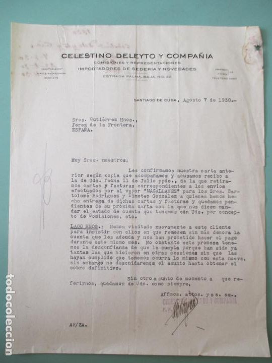 Cartas comerciales: CARTA COMERCIAL. CELESTINO DELEYTO Y COMPA&Ntilde;&Iacute;A. SANTIAGO DE CUBA 1930. GUTIERREZ HERMANOS
