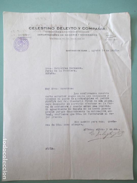 Cartas comerciales: CARTA COMERCIAL. CELESTINO DELEYTO Y COMPA&Ntilde;&Iacute;A. SANTIAGO DE CUBA 1930. GUTIERREZ HERMANOS