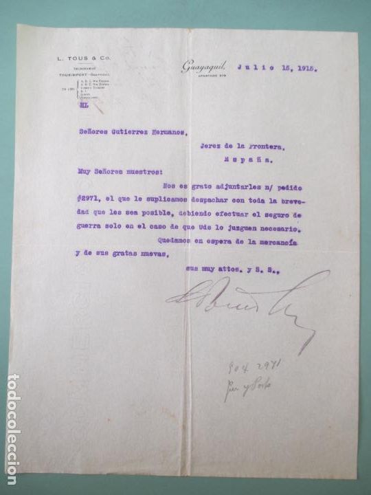 Lettres commerciales: CARTA COMERCIAL. L. TOUS & CO. GUAYAQUIL 1915. TOUSIMPORT. GUTIERREZ HERMANOS. JEREZ