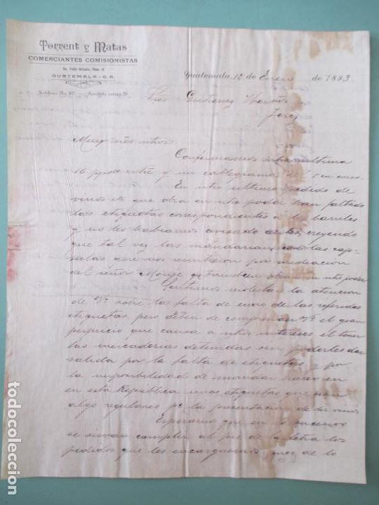 Commercial Letters: CARTA COMERCIAL. TORRENT Y MATAS. GUATEMALA 1893. GUTIERREZ HERMANOS. JEREZ DE LA FRONTERA