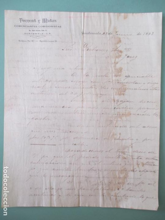 Commercial Letters: CARTA COMERCIAL. TORRENT Y MATAS. GUATEMALA 1893. GUTIERREZ HERMANOS. JEREZ DE LA FRONTERA