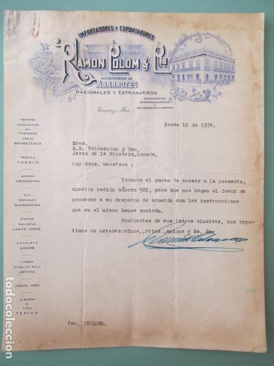 Cartas comerciales: CARTA COMERCIAL. RAM&Oacute;N COLOM & CIA. ABARROTES. VERACRUZ MEXICO 1934. VALDESPINO. JEREZ