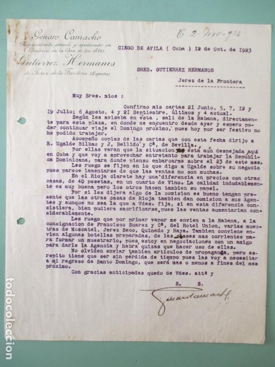 Commercial Letters: CARTA COMERCIAL. GENARO CAMACHO. CIEGO DE AVILA CUBA 1923. GUTIERREZ HERMANOS. JEREZ