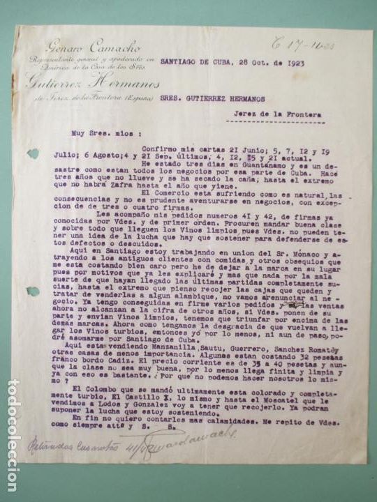 Commercial Letters: CARTA COMERCIAL. GENARO CAMACHO. CIEGO DE AVILA CUBA 1923. GUTIERREZ HERMANOS. JEREZ