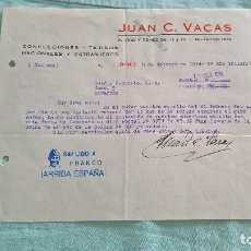 Cartas comerciales: JEREZ, CONFECCIONES TEJIDOS JUAN C.VACAS..8 FEBRERO 1938..CUÑOS PATRIOTICOS. Lote 198706143