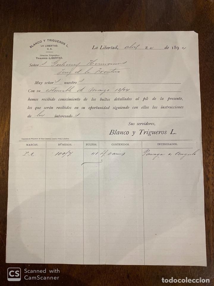Lettere commerciali: CARTA COMERCIAL. BLANCO Y TRIGUEROS L. DIRIGIDA A GUTIERREZ HNOS. LA LIBERTAD, ECUADOR, 1894. VER