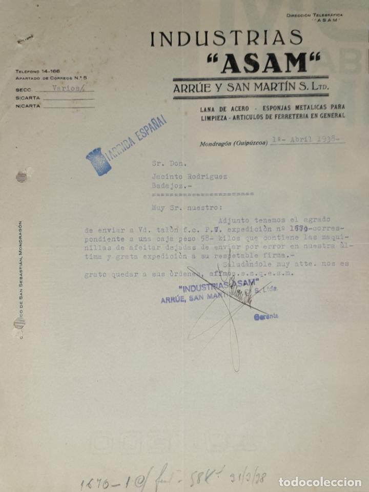 Lettere commerciali: Carta comercial. industrias Asam. Arr&uacute;e y San Martin S.L. Art&iacute;culos de Ferreter&iacute;a. Guip&uacute;zcoa 1938