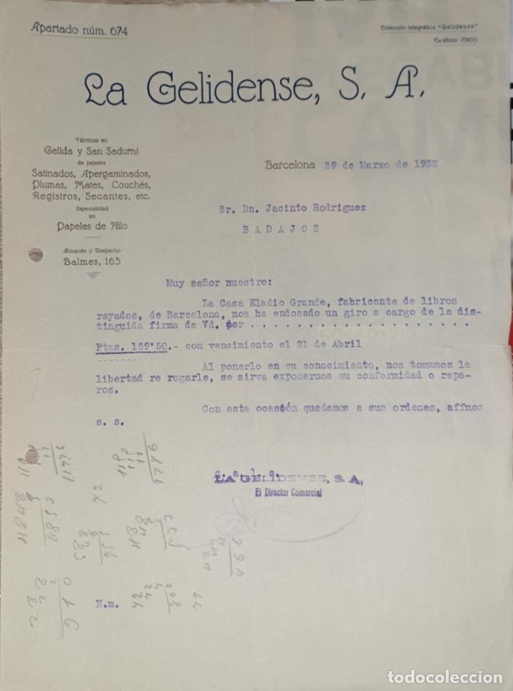 Gesch&auml;ftsbriefe: Carta comercial. La Gelidense S.A. F&aacute;brica de toda clases de papeles. Barcelona 1932