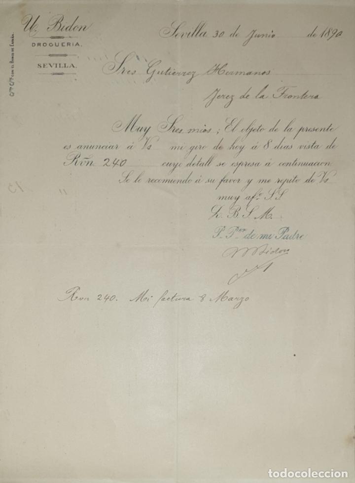 Commercial Letters: Carta comercial. U. Bidon. Droguer&iacute;a. Sevilla 1890