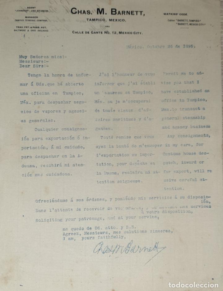 Cartas comerciais: Carta comercial. Chas. M. Barnett. Agent. Tampico. Mexico 1895
