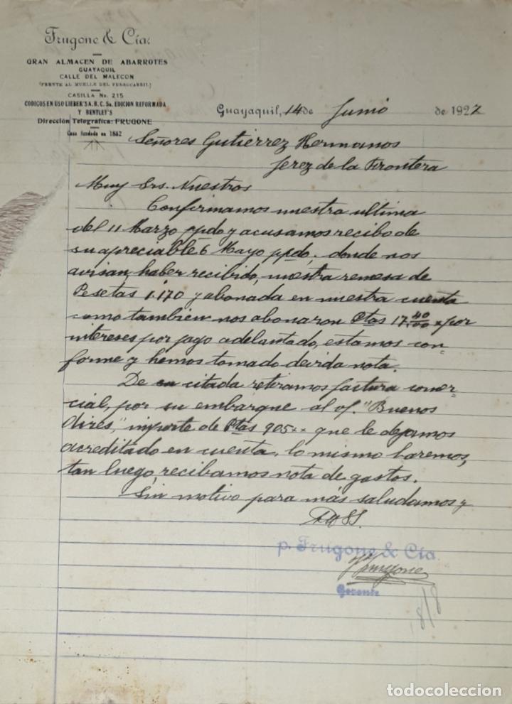 Cartas comerciales: Carta comercial. Frugone & C&iacute;a. Gran almac&eacute;n de abarrotes. Guayaquil 1927