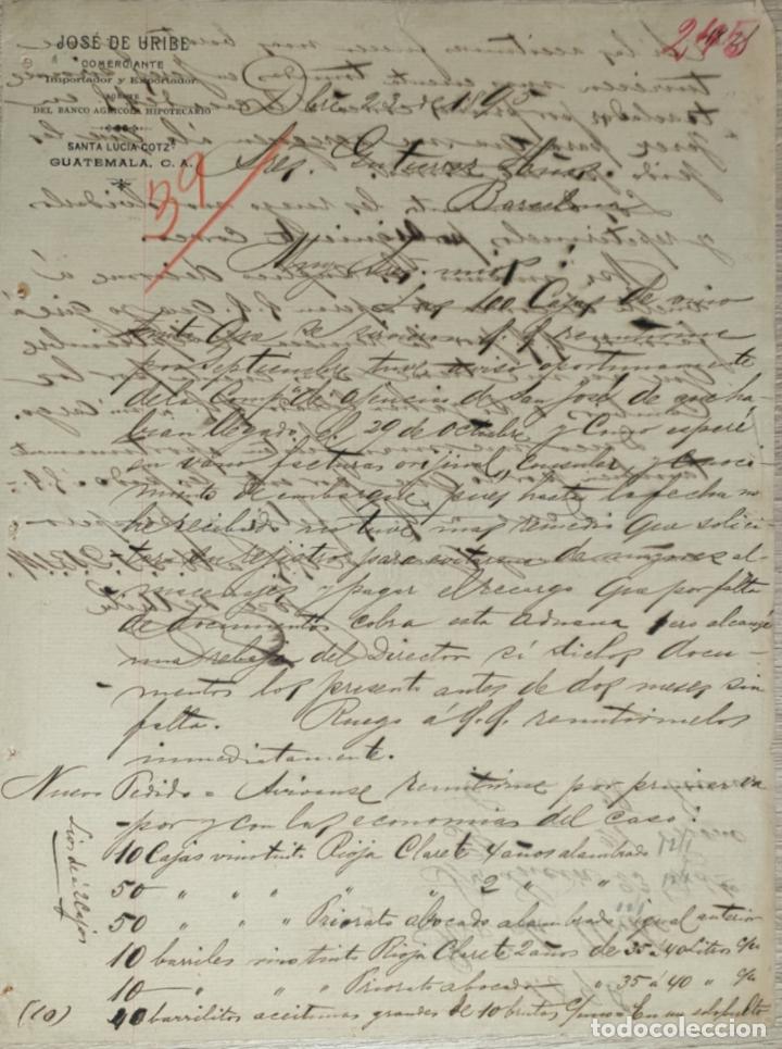 Cartas comerciales: Carta comercial. Jos&eacute; de Uribe. Comerciante. Importador-Exportador. Guatemala 1896