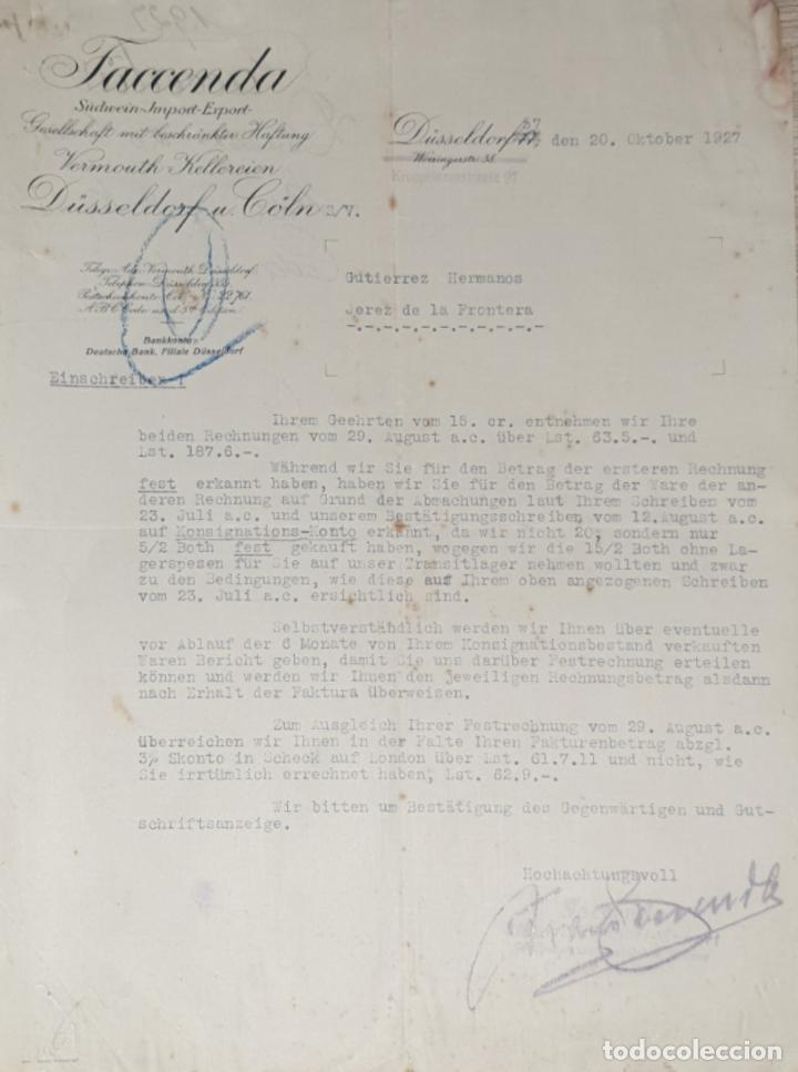 Cartas comerciales: Carta comercial. Faccenda. S&uuml;dwein- Import-Export. D&uuml;sseldorf 1927