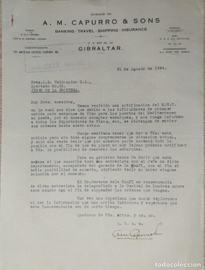 Lettres commerciales: Carta comercial. A. M. Capurro & Sons. Banking-Travel-Shipping-Insurance. Gibraltar 1944