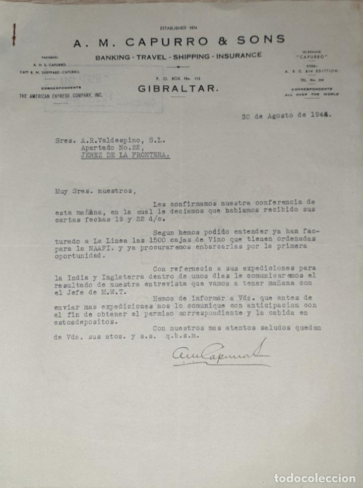 Lettres commerciales: Carta comercial. A. M. Capurro & Sons. Banking-Travel-Shipping-Insurance. Gibraltar 1944