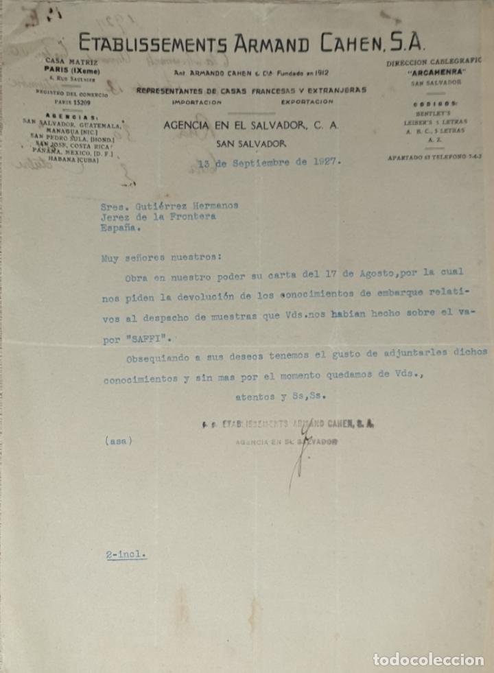 Lettres commerciales: Carta comercial. Etablissements Armand Cahen S.A. Agencia en El Salvador 1927