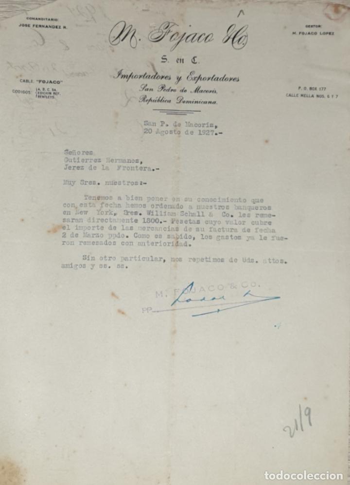 Lettres commerciales: Carta comercial. M. Fojaco & C&ordm;. S. en C. Importadores y Exportadores. Rep&uacute;blica Dominicana 1927