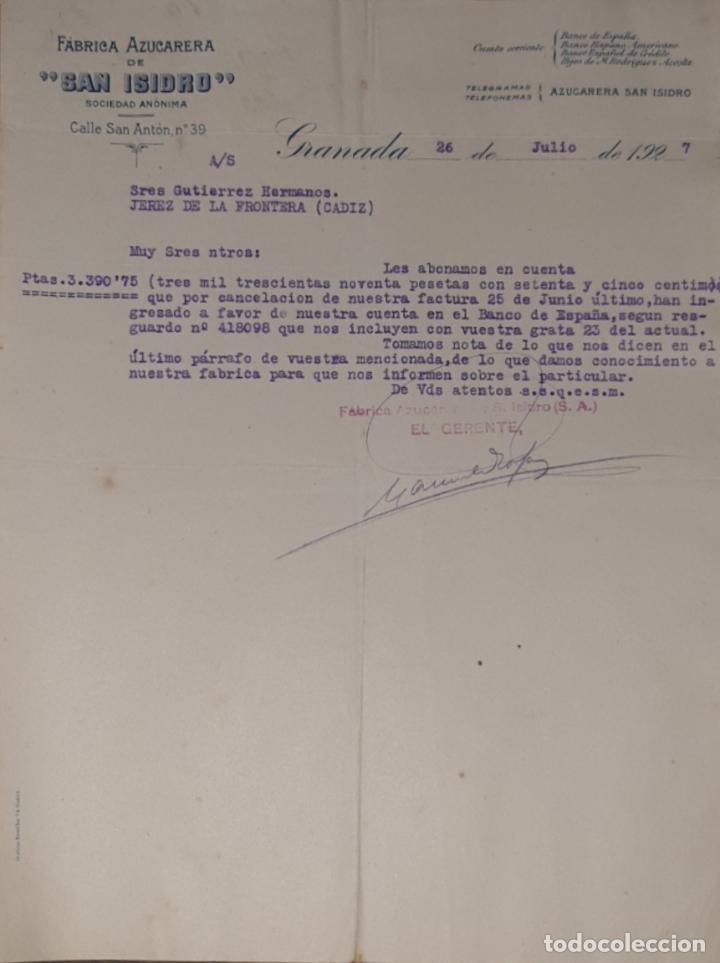 Lettres commerciales: CArta comercial. F&aacute;brica azucarera San Isidro. S.A. Granada 1927