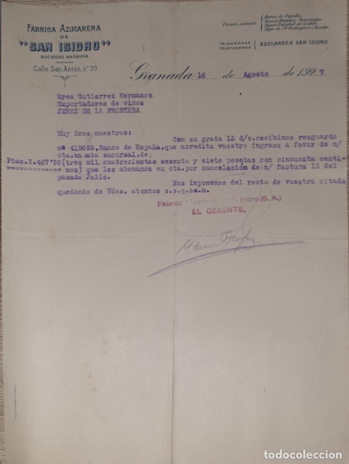 Lettres commerciales: CArta comercial. F&aacute;brica azucarera San Isidro. S.A. Granada 1927
