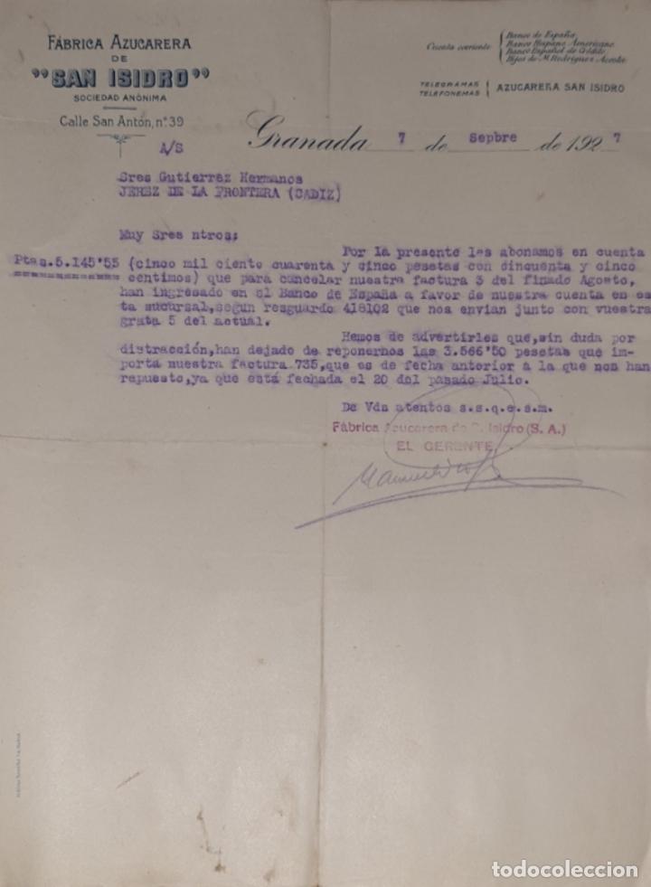 Lettres commerciales: CArta comercial. F&aacute;brica azucarera San Isidro. S.A. Granada 1927