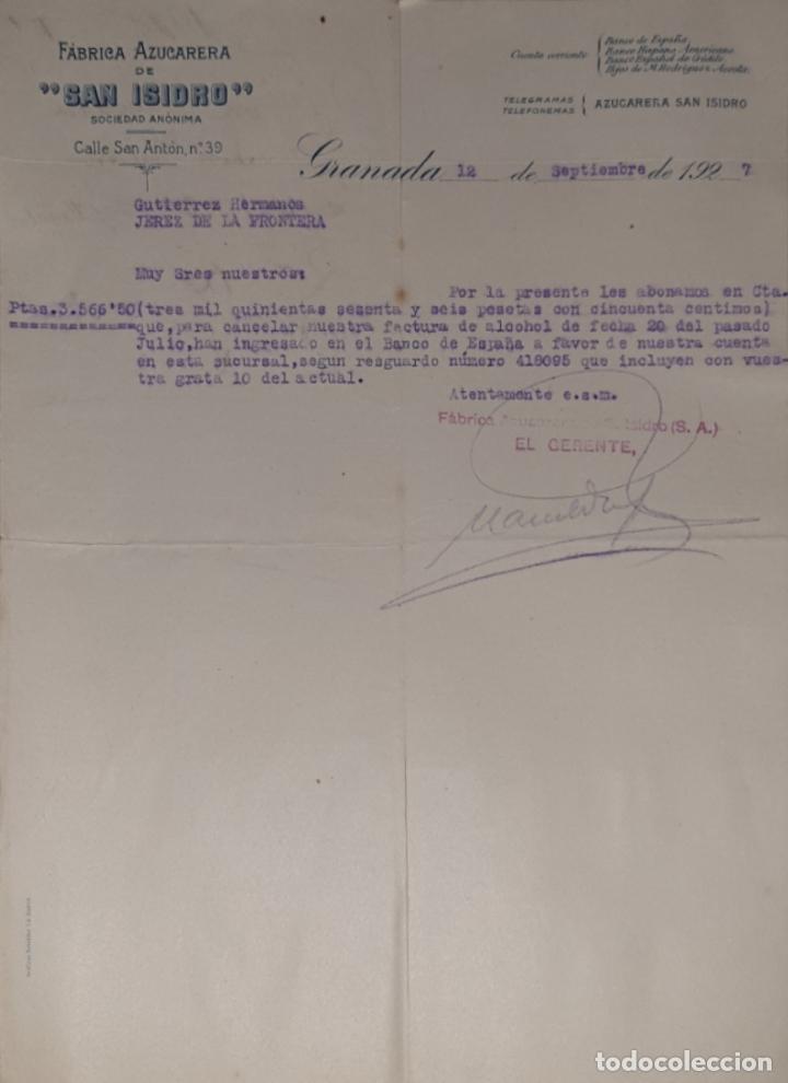 Lettres commerciales: CArta comercial. F&aacute;brica azucarera San Isidro. S.A. Granada 1927