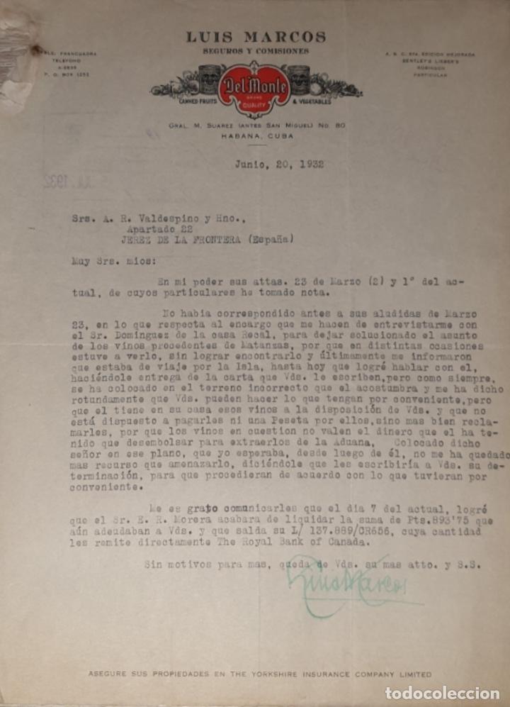 Lettres commerciales: Carta comercial. Luis Marcos. Del Monte. Seguros y Comisiones. Habana. Cuba 1932