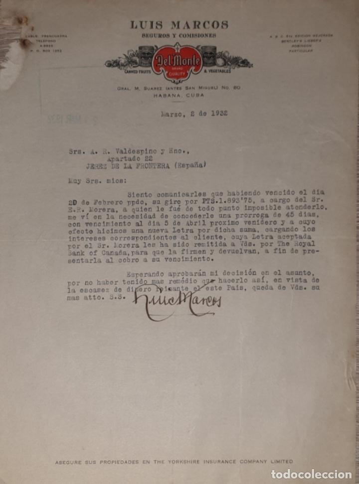 Lettres commerciales: Carta comercial. Luis Marcos. Del Monte. Seguros y Comisiones. Habana. Cuba 1932