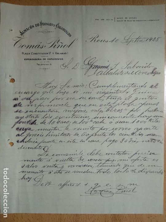 Cartas comerciales: CARTA, ALMACENES DE DROGAS COLONIALES,TOMAS PI&Ntilde;OL REUS TARRAGONA 1925