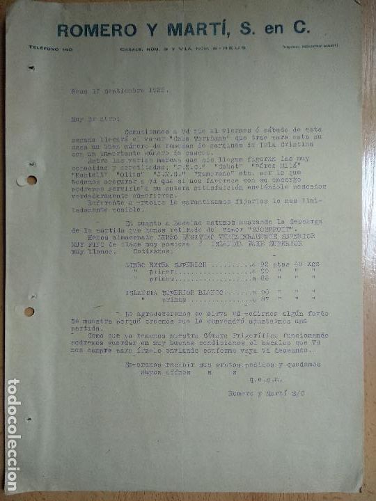 Lettres commerciales: CARTA. ROMERO Y MARTI. S.C. SALAZONES.REUS TARRAGONA 1925