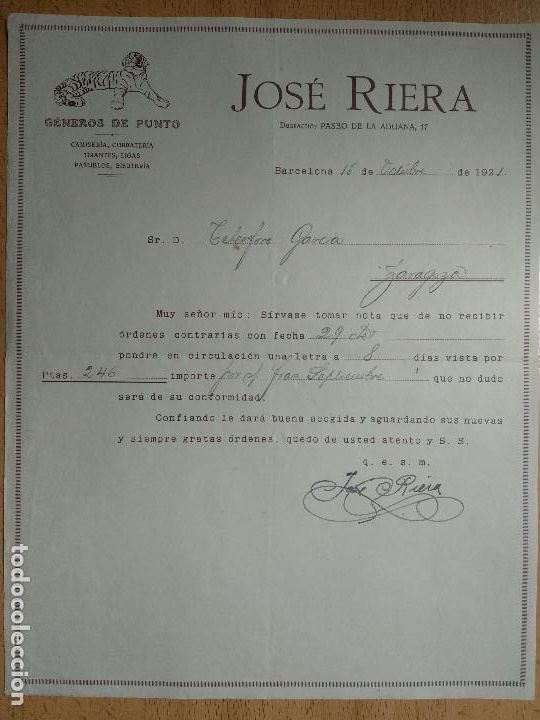 Lettres commerciales: CARTA, GENEROS DE PUNTO JOSE RIERA, BARCELONA. 1921.
