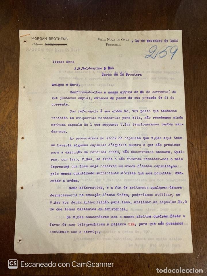 Cartas comerciales: CARTA COMERCIAL.MORGAN BROTHERS. VILLA NOVA DE GAYA-PORTUGAL, 1922. A.R. VALDESPINO, JEREZ.