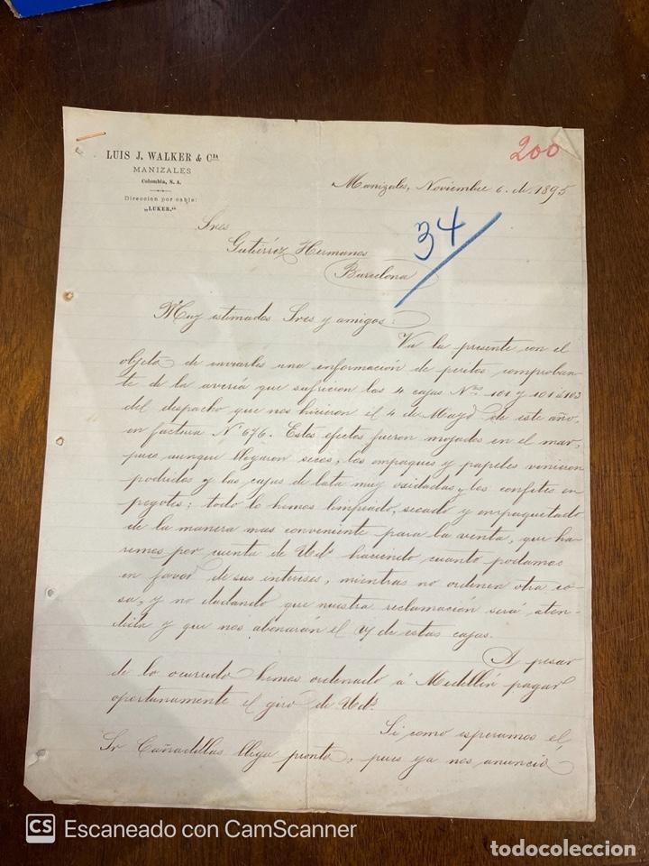 Cartas comerciales: CARTA COMERCIAL. LUIS J. WALKER & CO. MANIZALES-COLOMBIA, 1895. DIRIGIDO A GUTIERREZ HNOS, BARCELONA