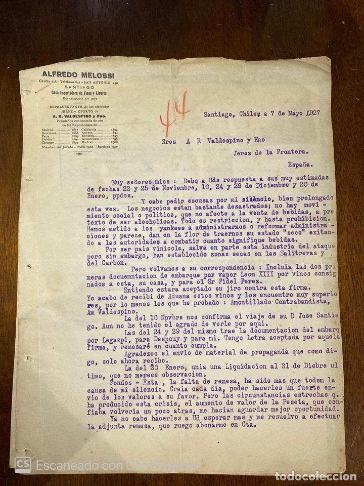 Cartas comerciales: CARTA COMERCIAL. ALFREDO MELOSSI. SANTIAGO-CHILE, 1927. DIRIGIDA A A.R. VALDESPINO & HNO, JEREZ.