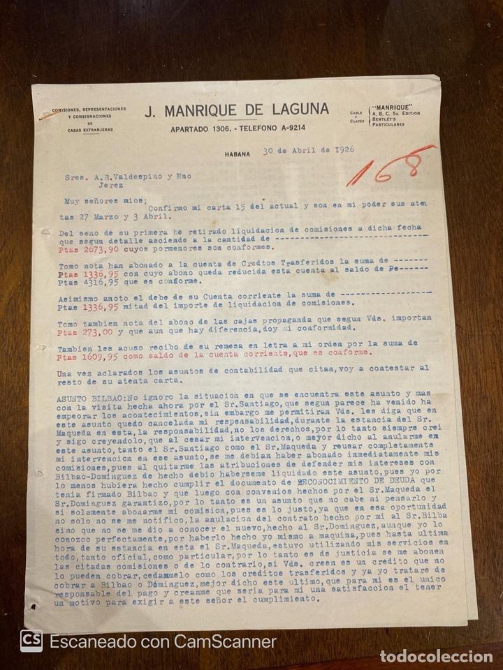 Cartas comerciales: CARTA COMERCIAL. J.MANRIQUE DE LAGUNA.LA HABANA-CUBA,1926. DIRIGIDA A A.R. VALDESPINO & HNO, JEREZ.