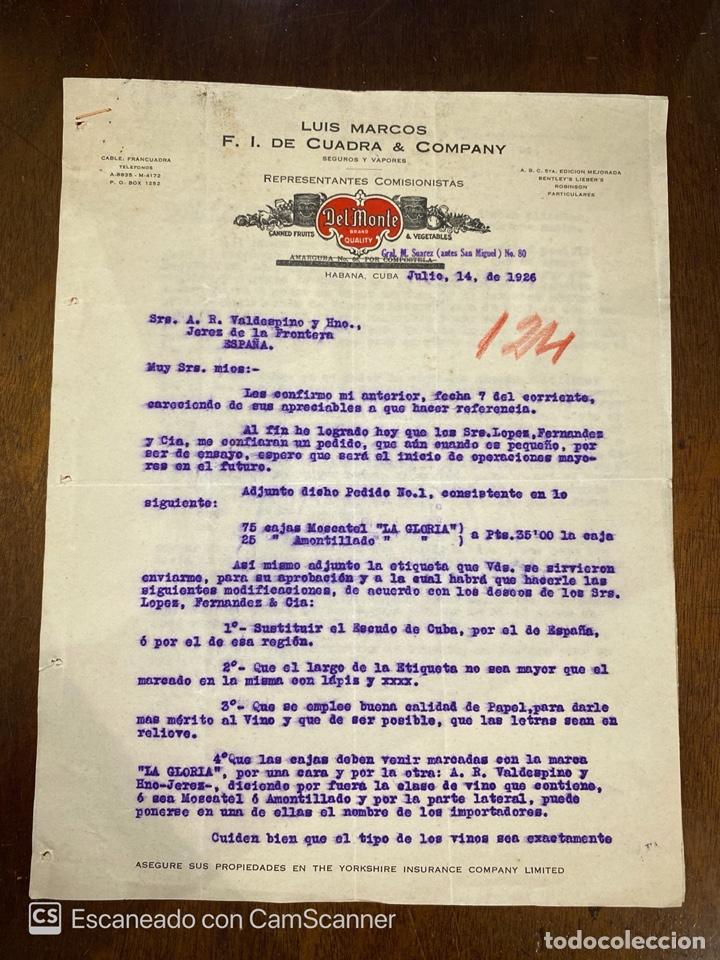 Cartas comerciales: CARTA COMERCIAL.LUIS MARCOS F.I. DE CUADRA & COMPANY. HABANA-CUBA,1926. A.R. VALDESPINO & HNO, JEREZ