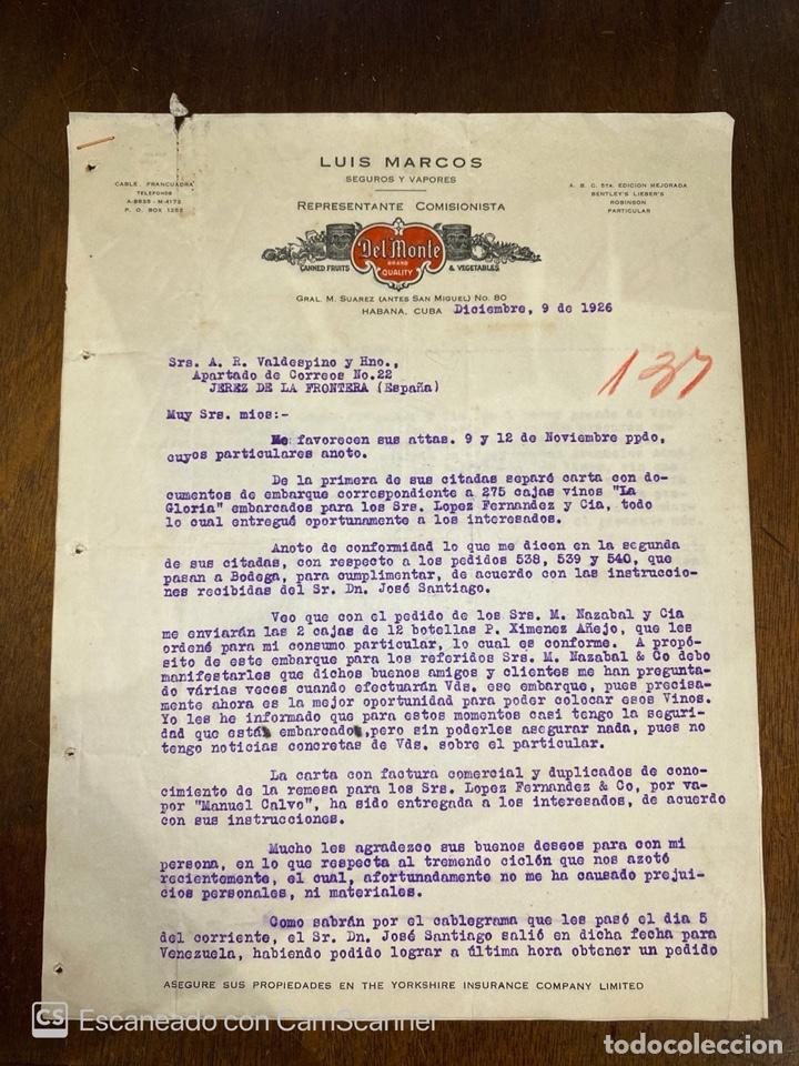 Cartas comerciales: CARTA COMERCIAL. LUIS MARCOS, HABANA-CUBA,1926. DIRIGIDA A A.R. VALDESPINO & HNO, JEREZ