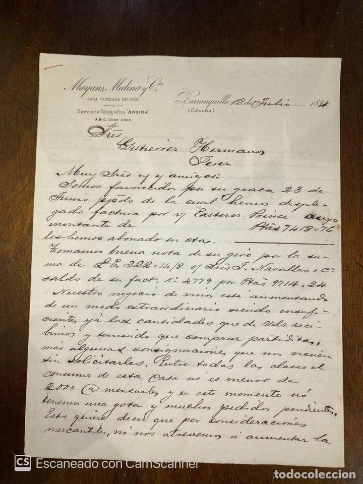 Cartas comerciales: CARTA COMERCIAL. MAYANS, MEDINA Y CIA. BARRANQUILLA-COLOMBIA, 1894. DIRIGIDA A GUTIERREZ HNOS, JEREZ