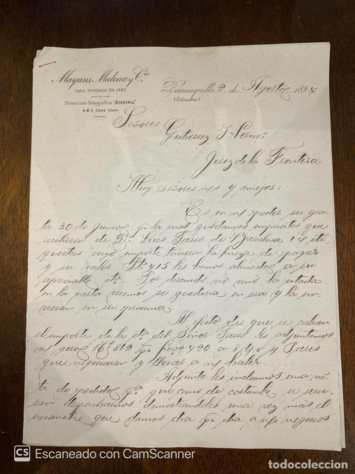 Cartas comerciales: CARTA COMERCIAL. MAYANS, MEDINA Y CIA. BARRANQUILLA-COLOMBIA, 1894. DIRIGIDA A GUTIERREZ HNOS, JEREZ